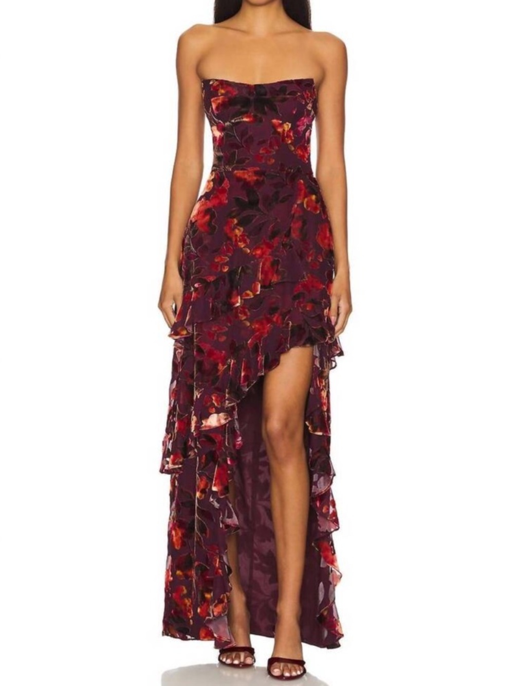 Amanda Uprichard Burgundy Floral Strapless Ruffled Maxi Dress